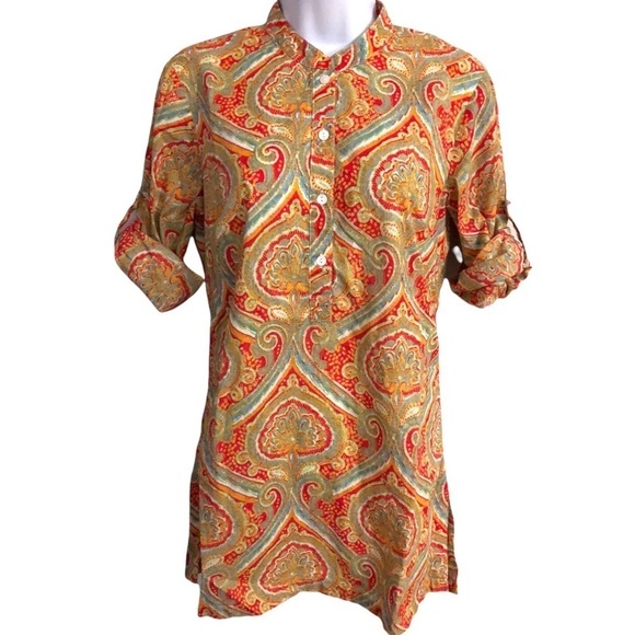 J. McLaughlin Top Sandy Tunic Top in Confetti Paisley Cotton Roll-Up Sleeves - Picture 1 of 12